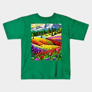 Stained Glass Colorful Mountain Flowers Kids T-Shirt